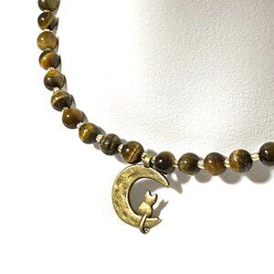 Genuine Tigers Eye Short Necklace, Gemstone & Bronze Cat on the Moon Pendant